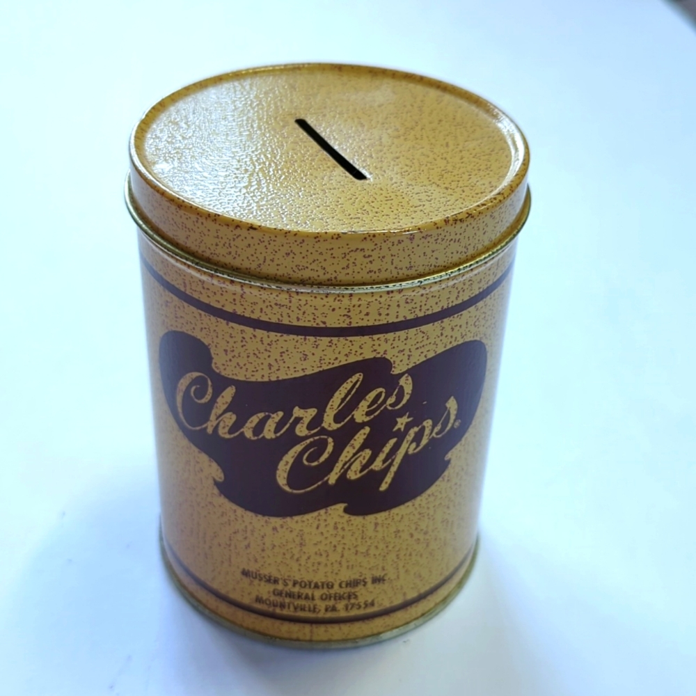 Vintage, Charles Chips mini tin piggy bank.